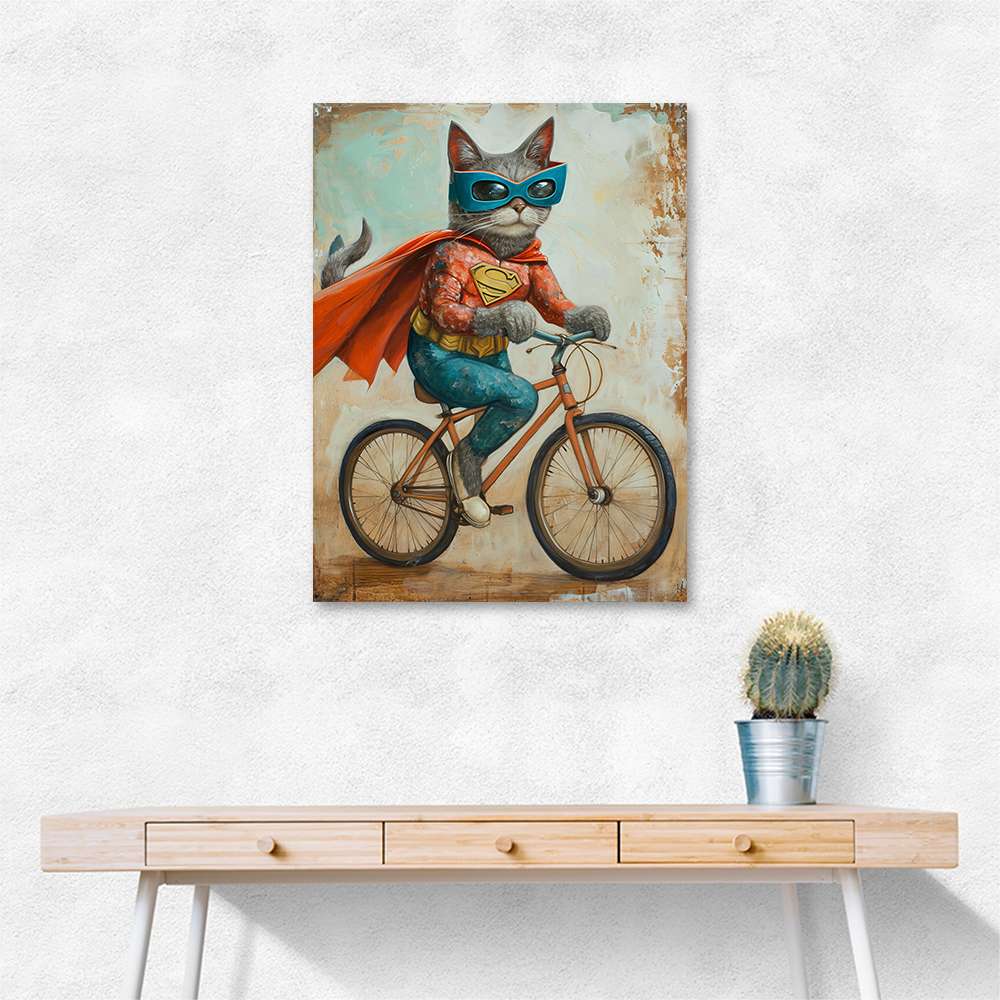 Superhero Cat Riding a Bike