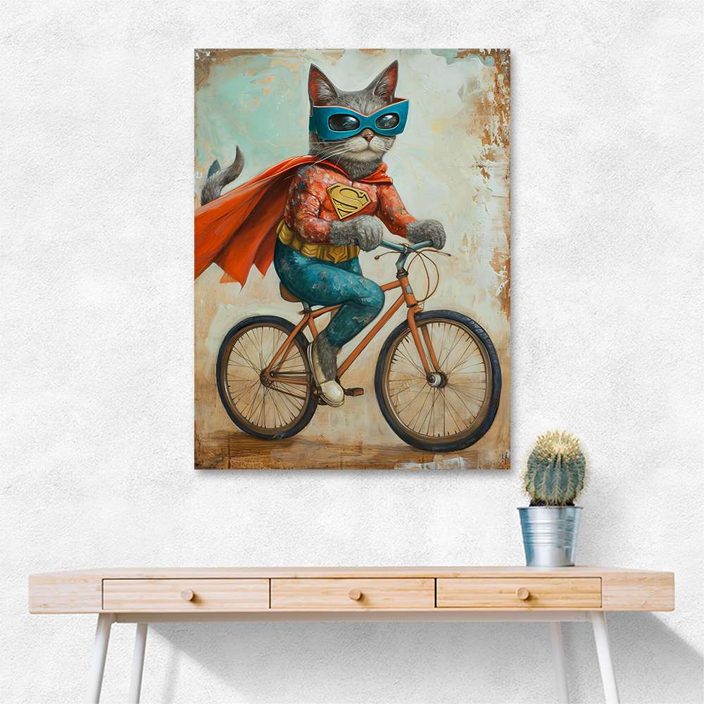 Superhero Cat Riding a Bike