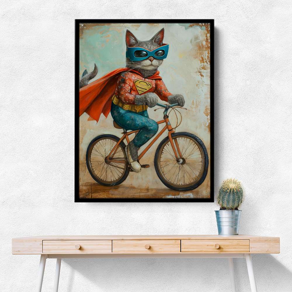 Superhero Cat Riding a Bike