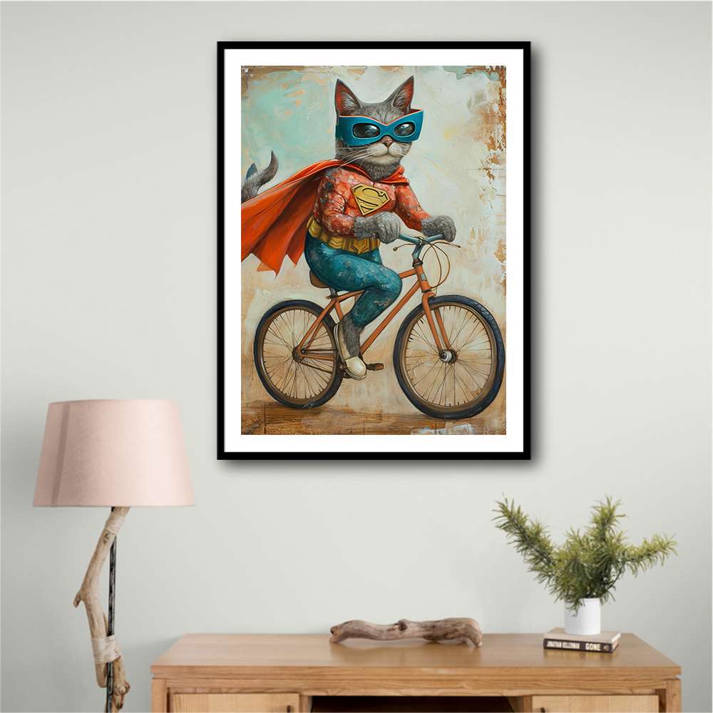 Superhero Cat Riding a Bike