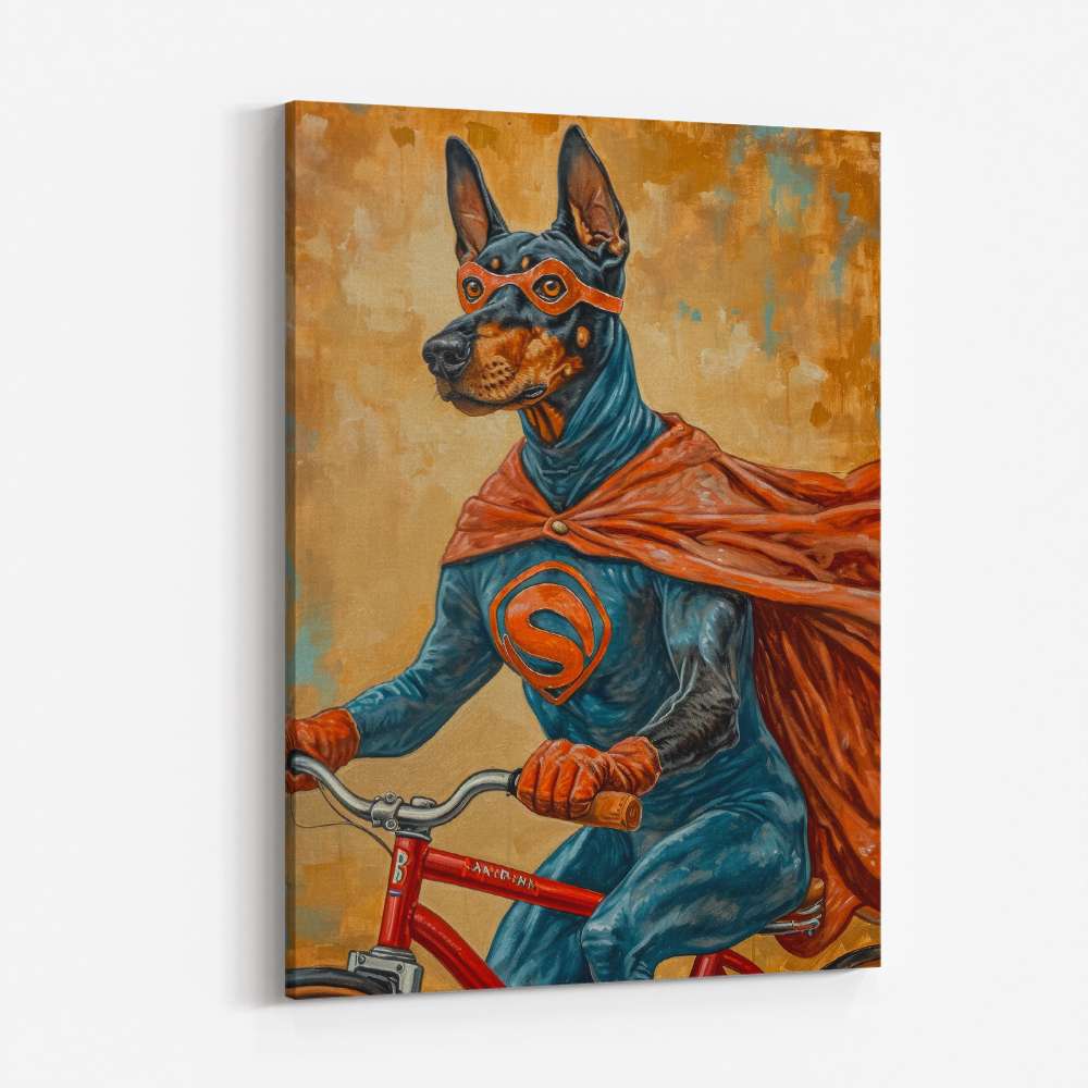 Superhero Doberman Riding a Bike