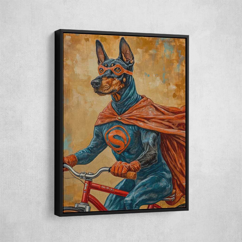 Superhero Doberman Riding a Bike