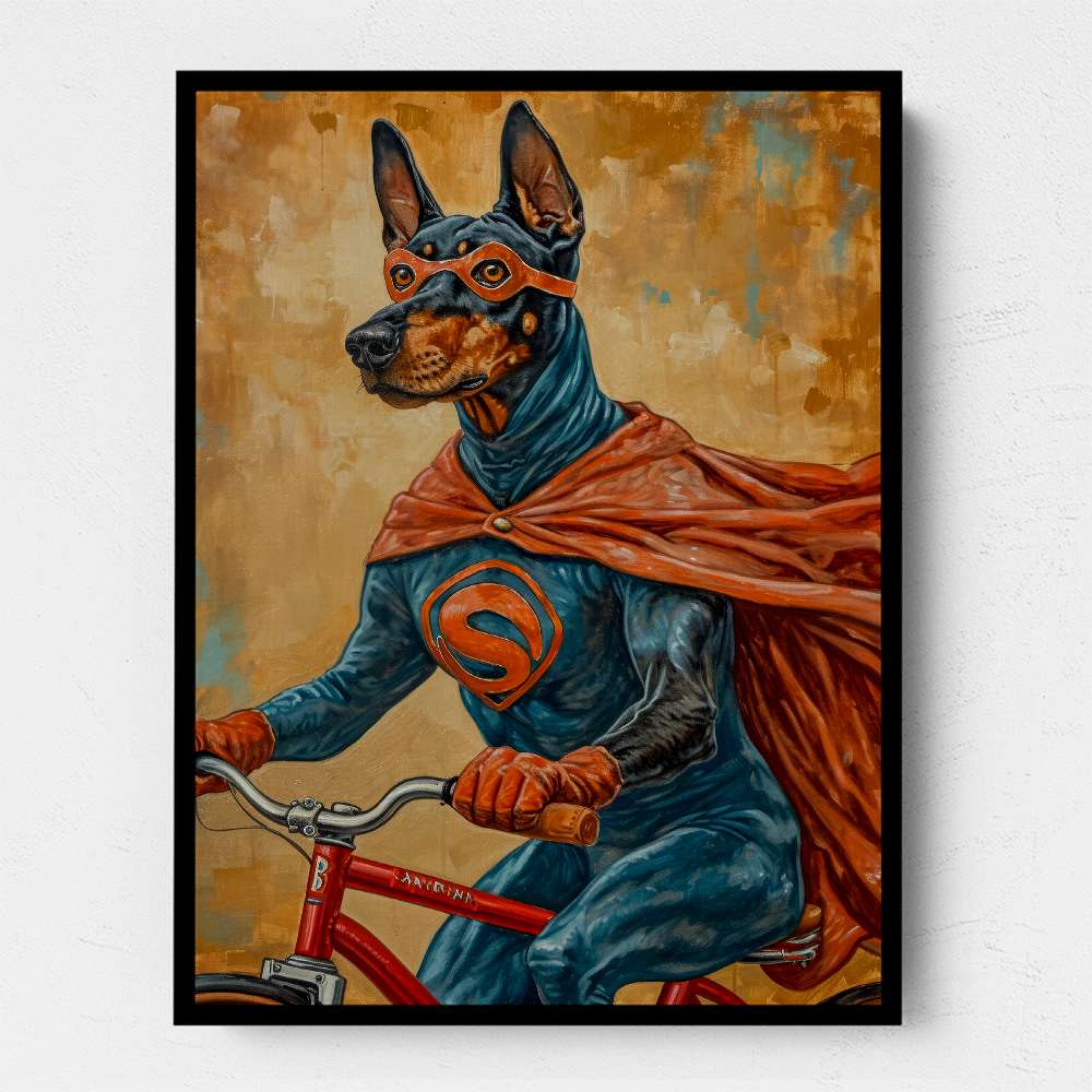 Superhero Doberman Riding a Bike