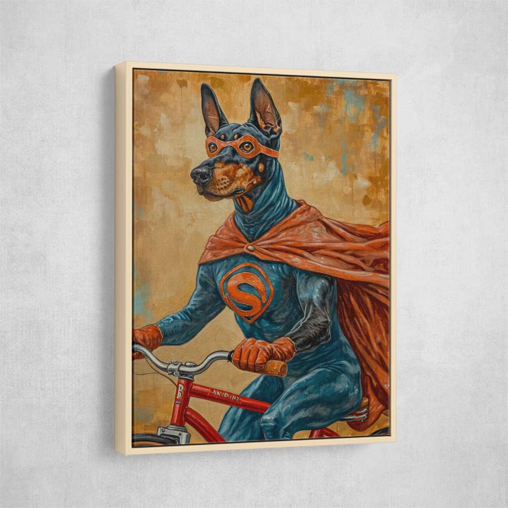 Superhero Doberman Riding a Bike