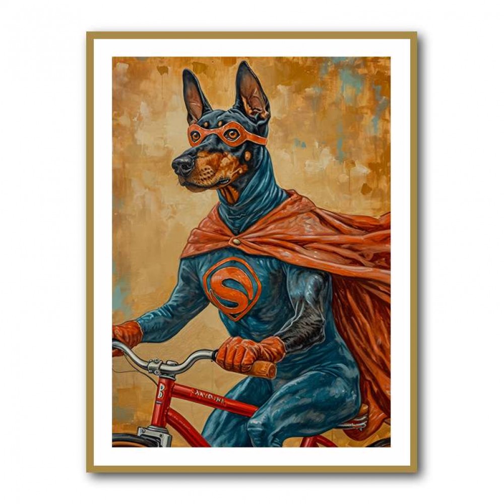 Superhero Doberman Riding a Bike