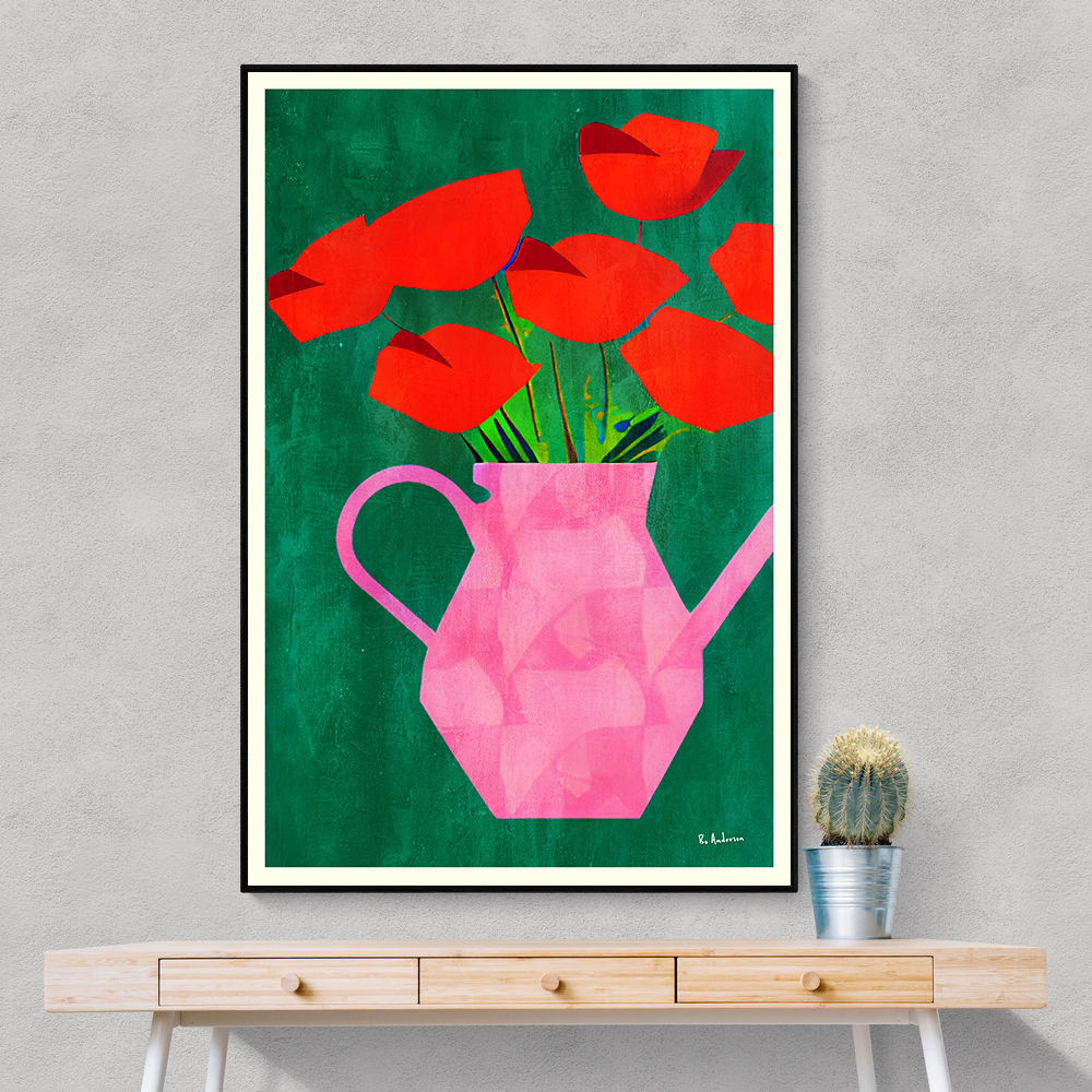 Red Poppies In A Pink Vase Wall Art