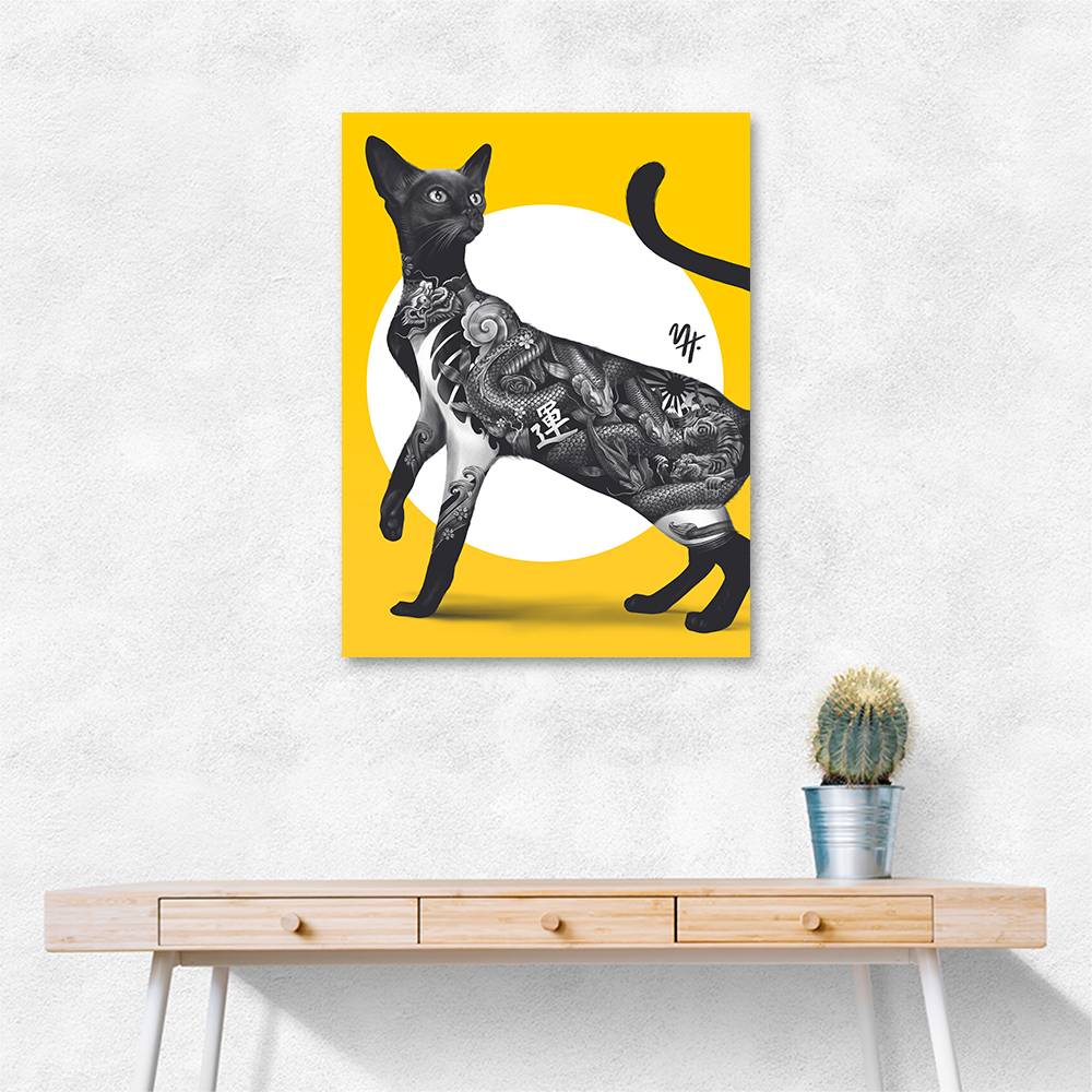 Japanese Cat Tattoo Yellow Wall Art