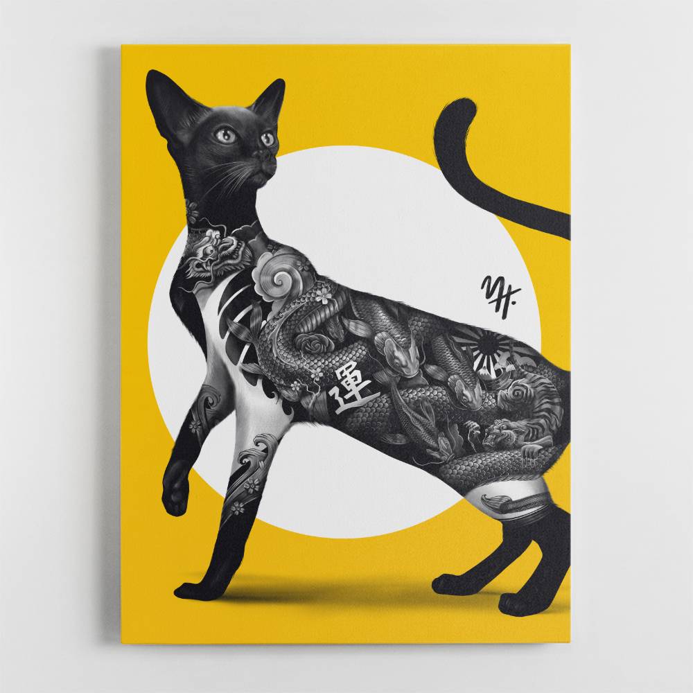 Japanese Cat Tattoo Yellow Wall Art