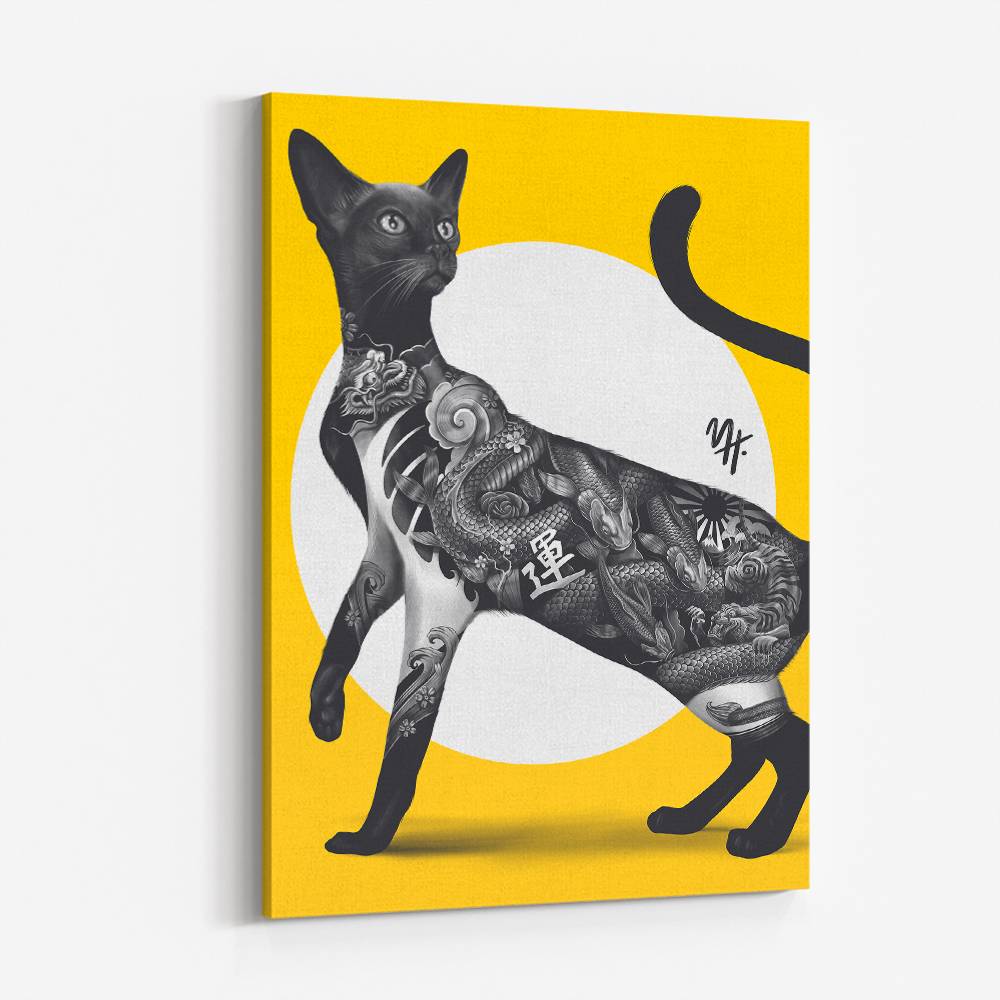 Japanese Cat Tattoo Yellow Wall Art