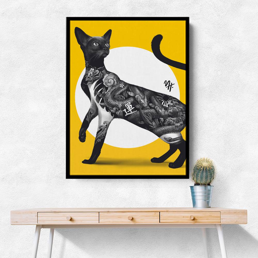 Japanese Cat Tattoo Yellow Wall Art