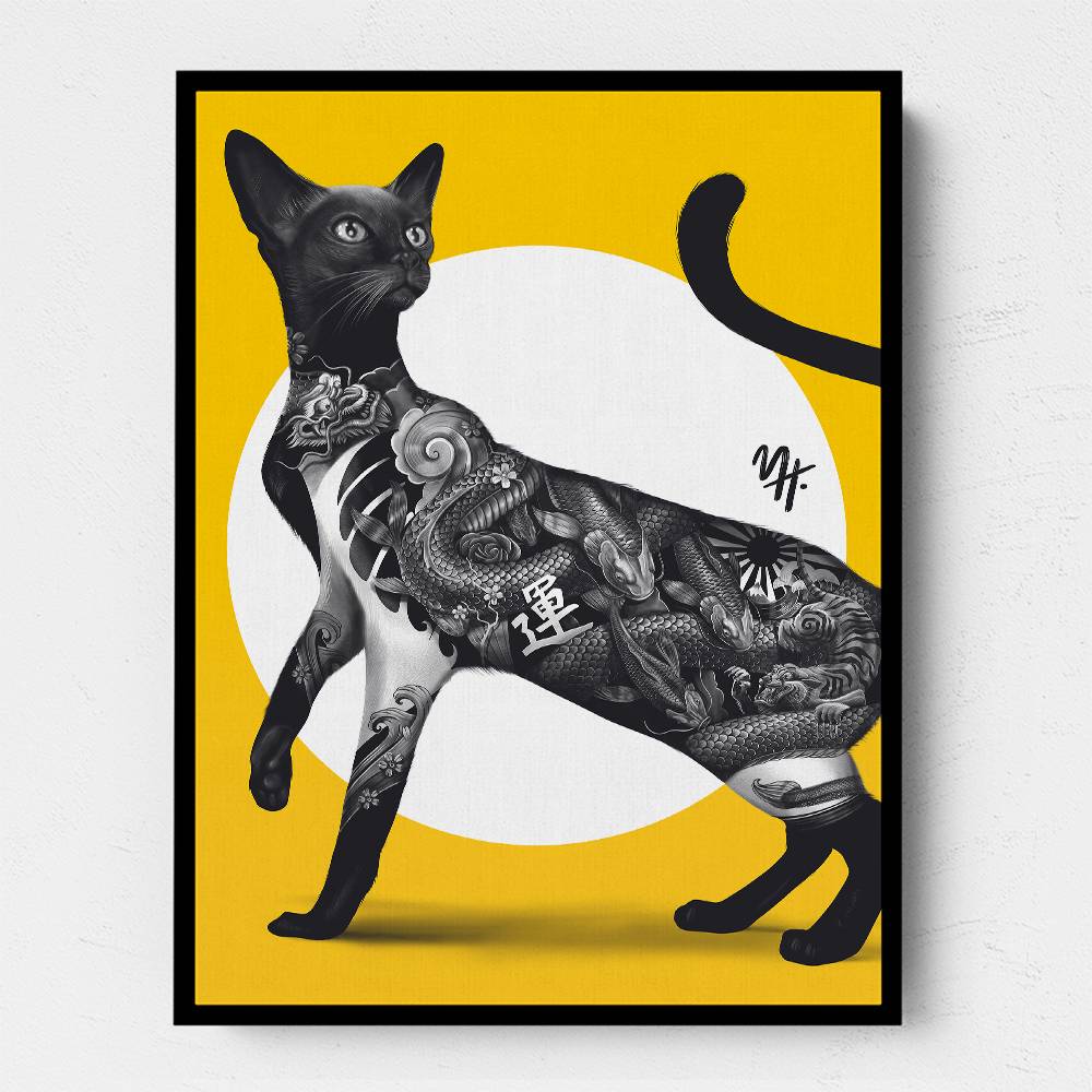 Japanese Cat Tattoo Yellow Wall Art