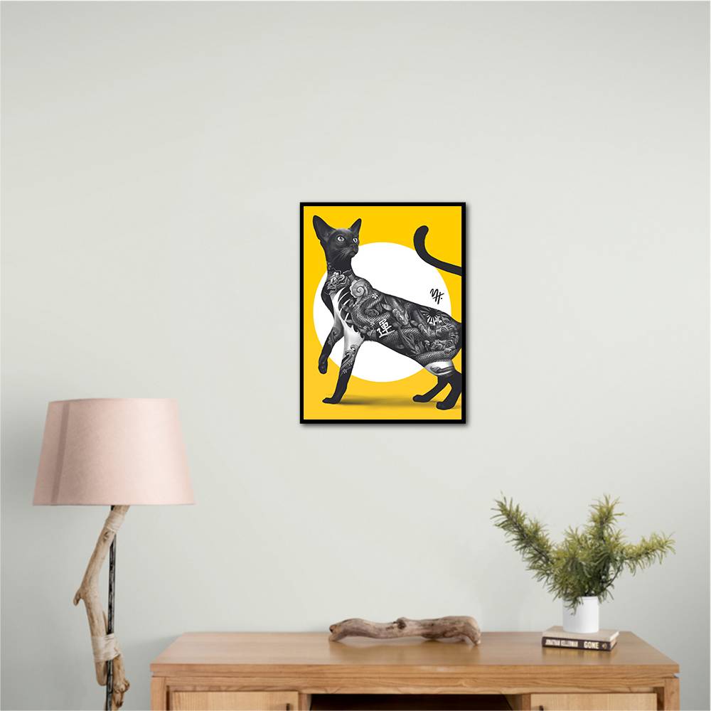 Japanese Cat Tattoo Yellow Wall Art