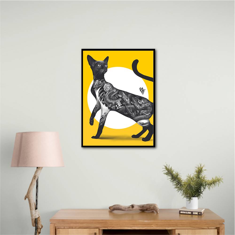 Japanese Cat Tattoo Yellow Wall Art