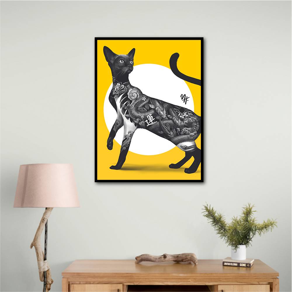 Japanese Cat Tattoo Yellow Wall Art