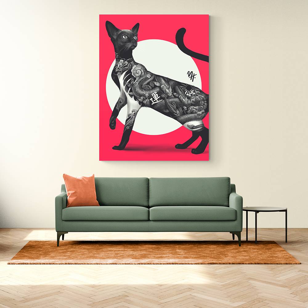 Japanese Cat Tattoo Red Wall Art