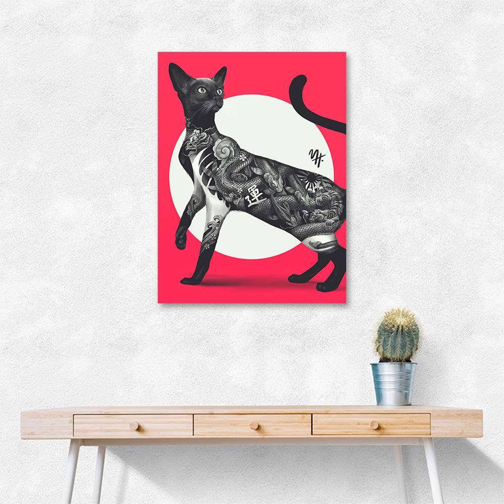 Japanese Cat Tattoo Red Wall Art