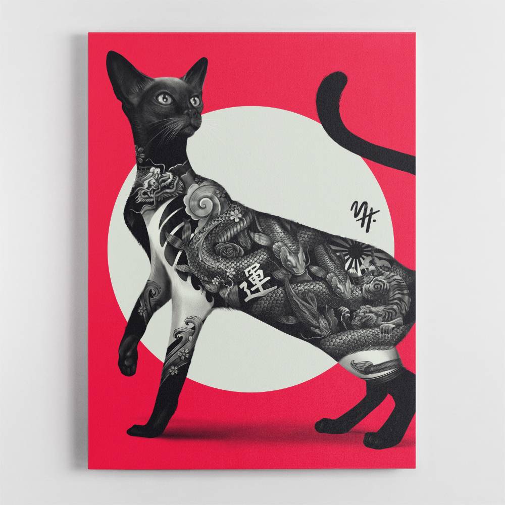 Japanese Cat Tattoo Red Wall Art