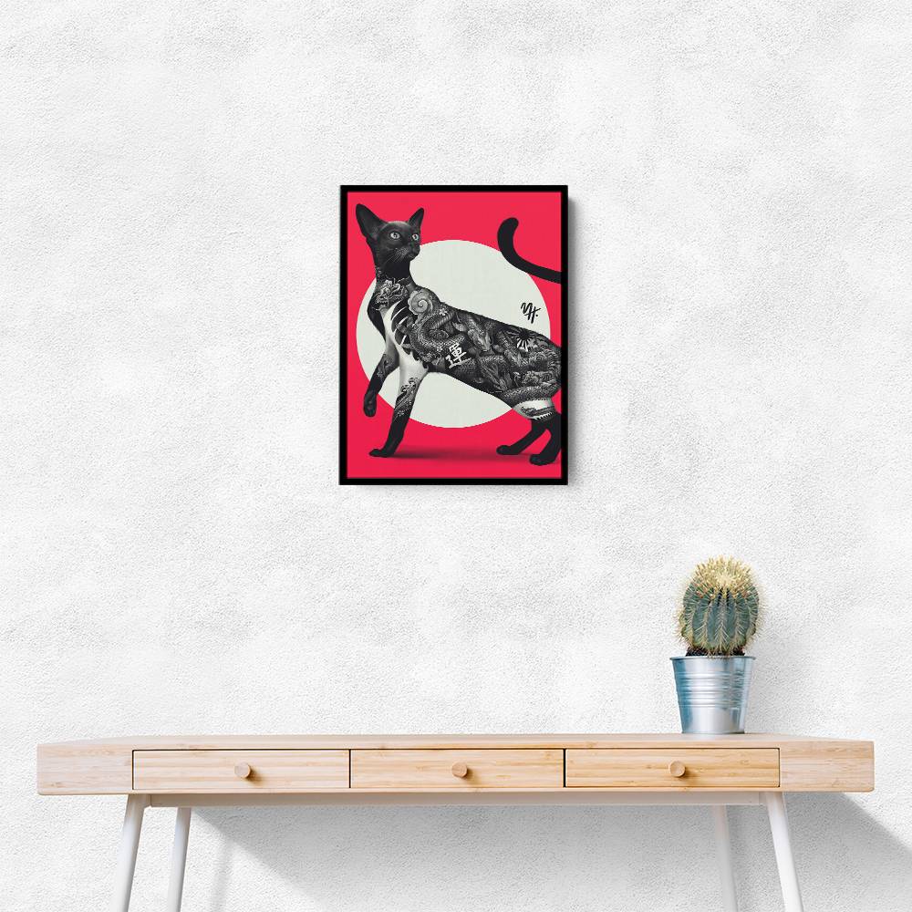 Japanese Cat Tattoo Red Wall Art