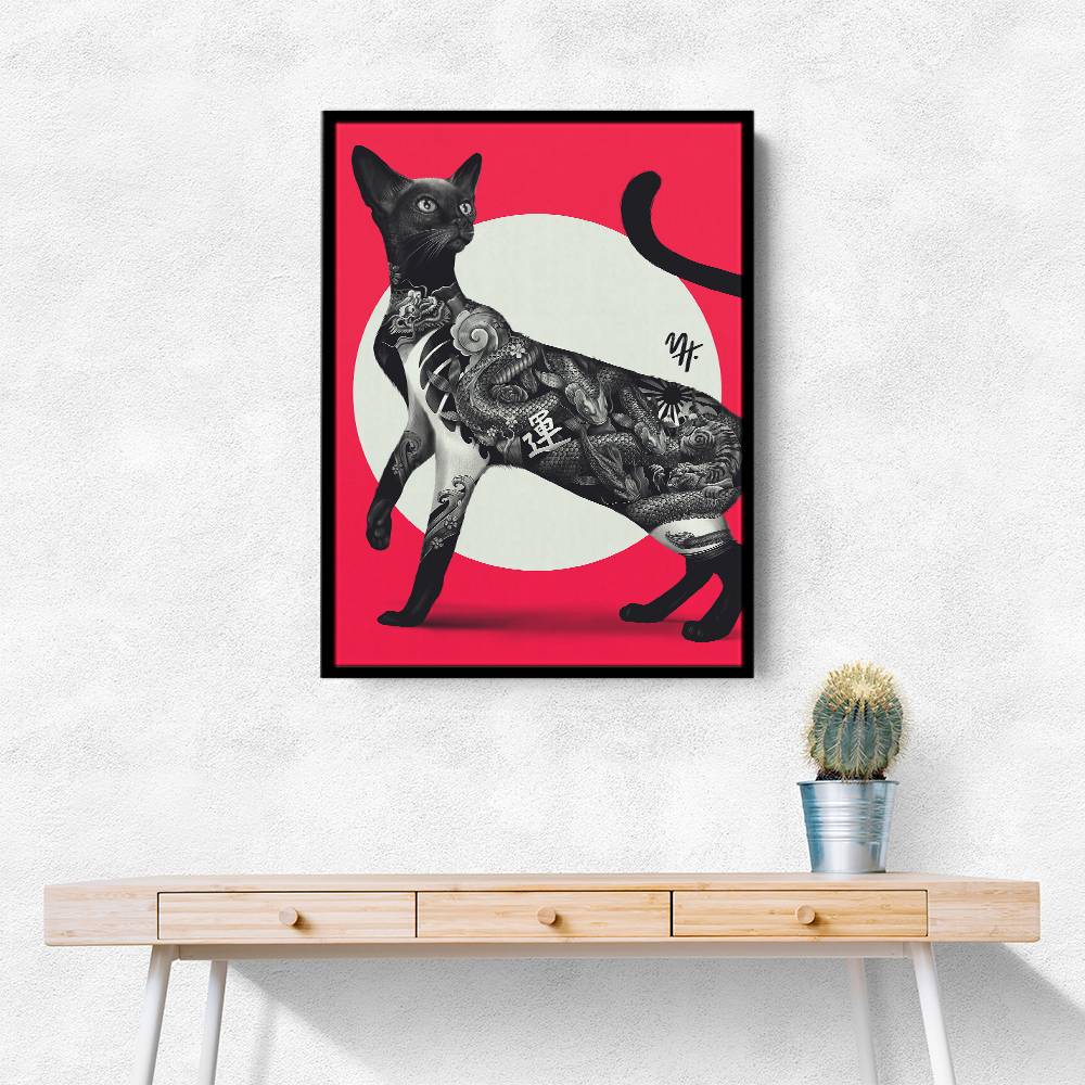 Japanese Cat Tattoo Red Wall Art