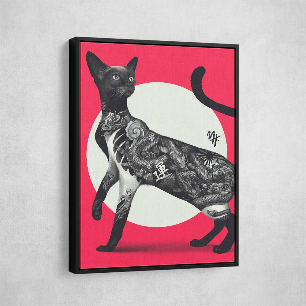 Japanese Cat Tattoo Red Wall Art