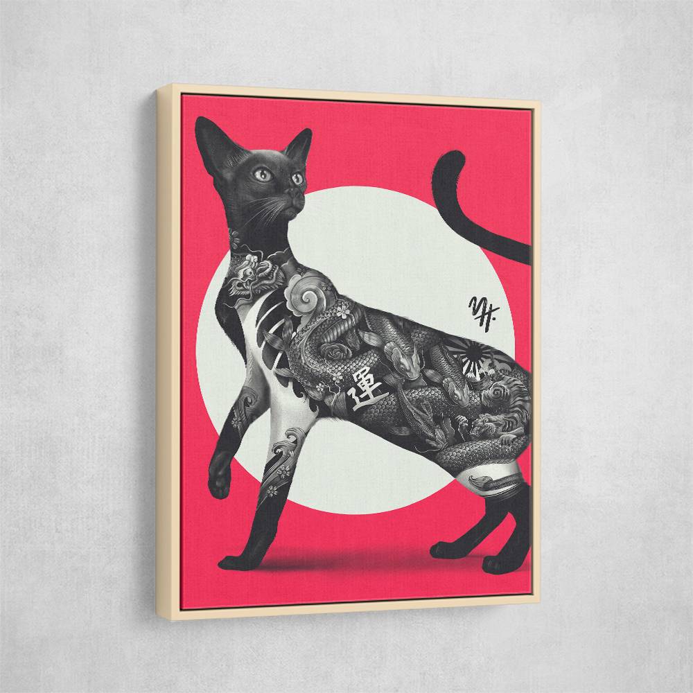 Japanese Cat Tattoo Red Wall Art