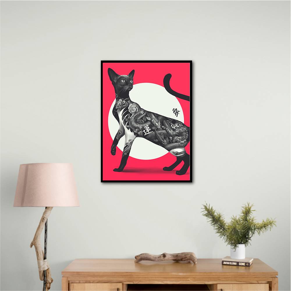 Japanese Cat Tattoo Red Wall Art