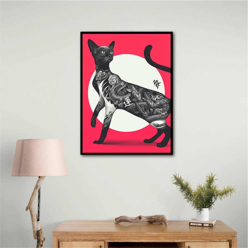 Japanese Cat Tattoo Red Wall Art