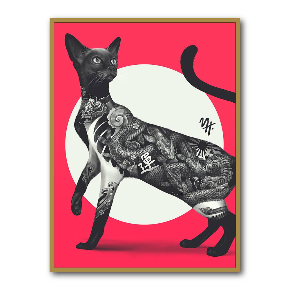 Japanese Cat Tattoo Red Wall Art