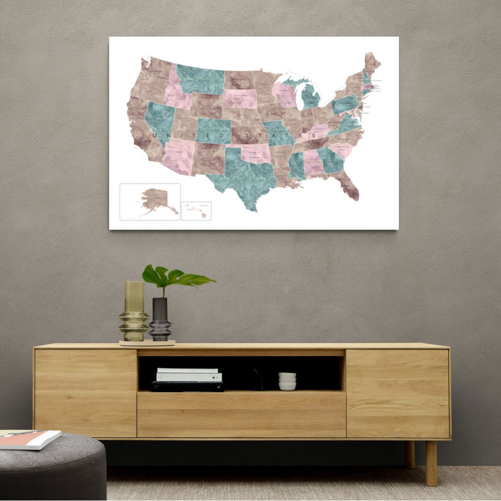 Pink and teal watercolor map of the US