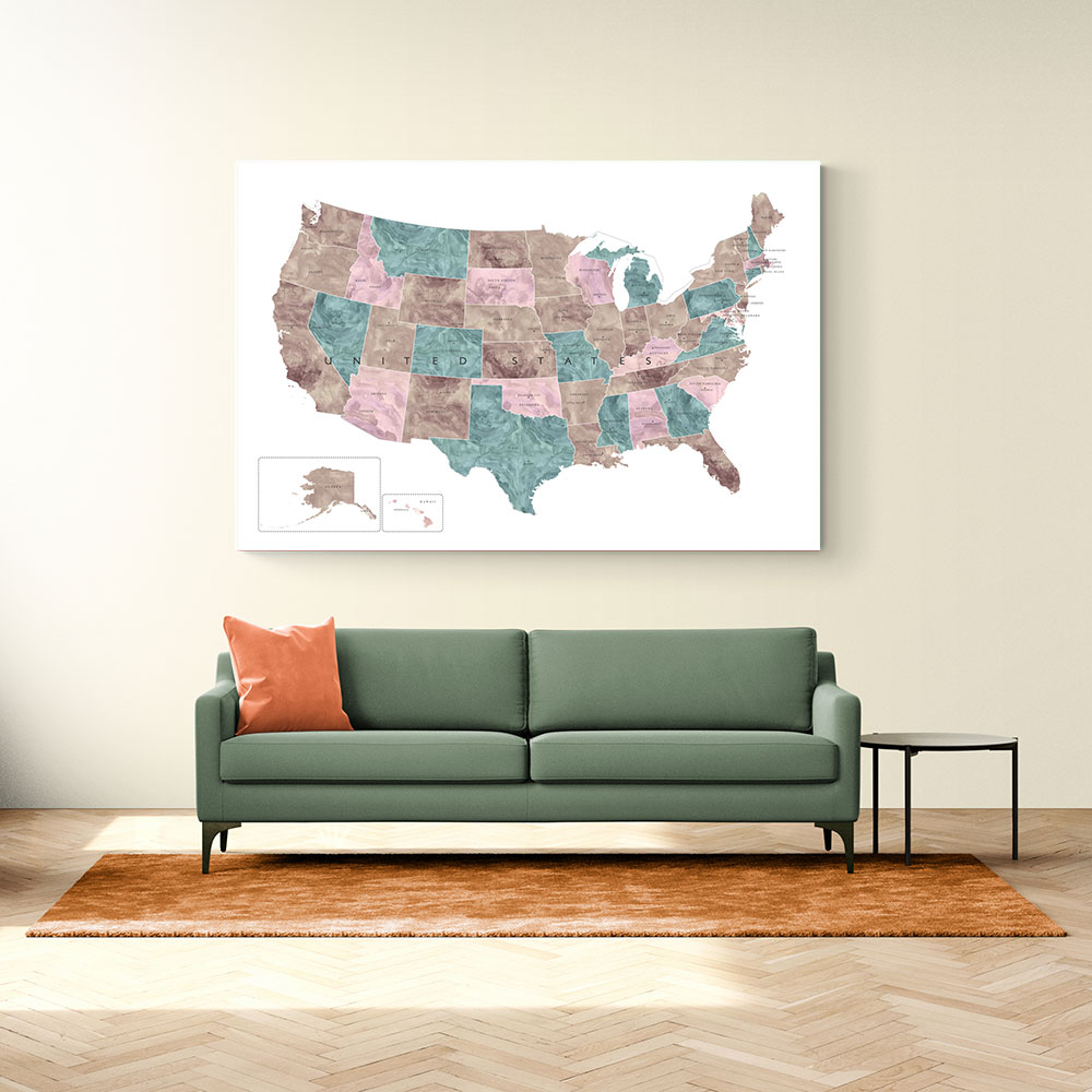 Pink and teal watercolor map of the US