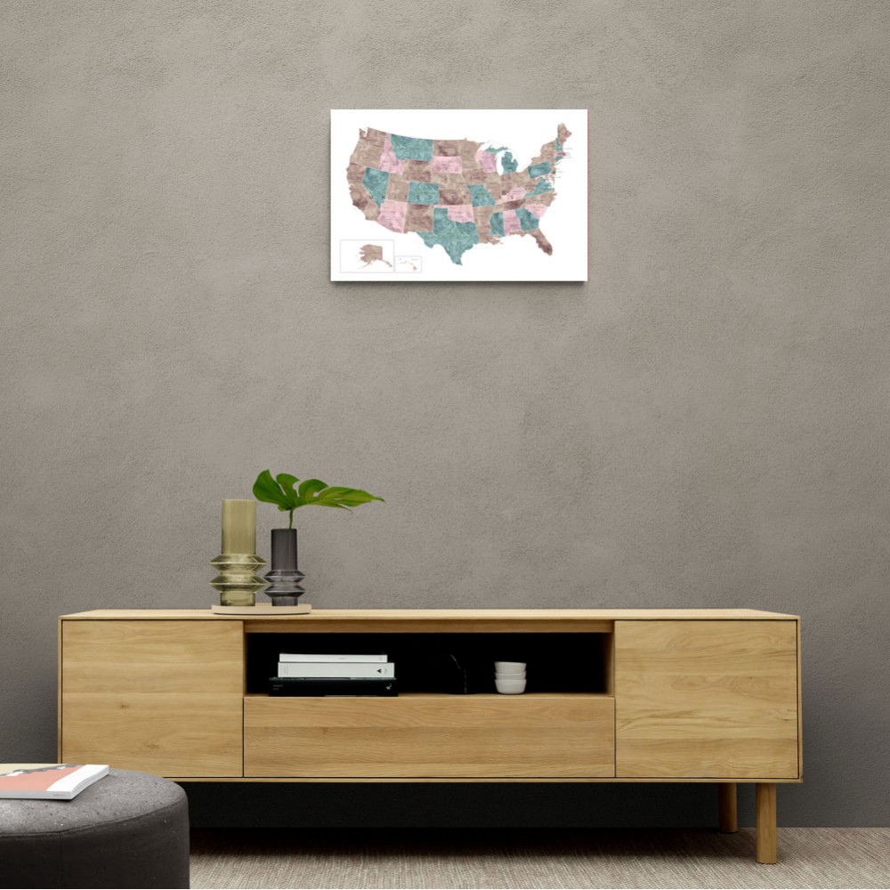 Pink and teal watercolor map of the US