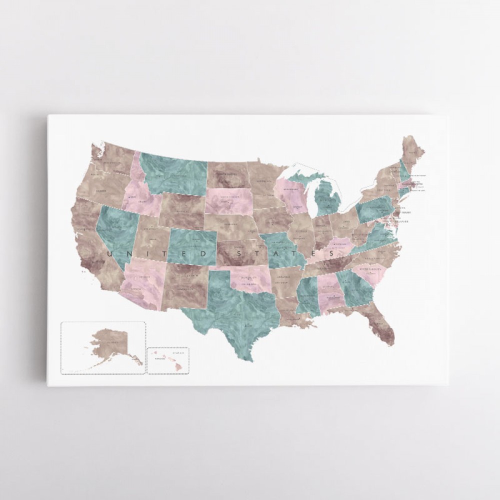 Pink and teal watercolor map of the US