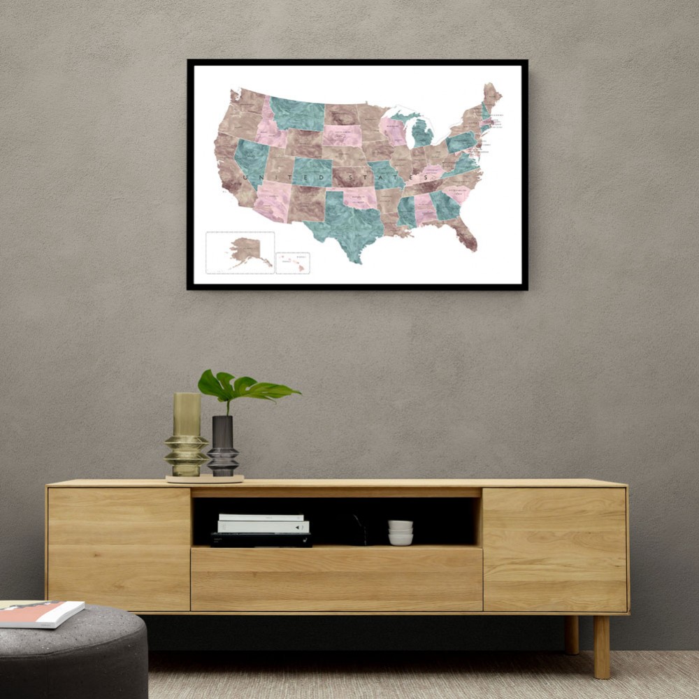 Pink and teal watercolor map of the US