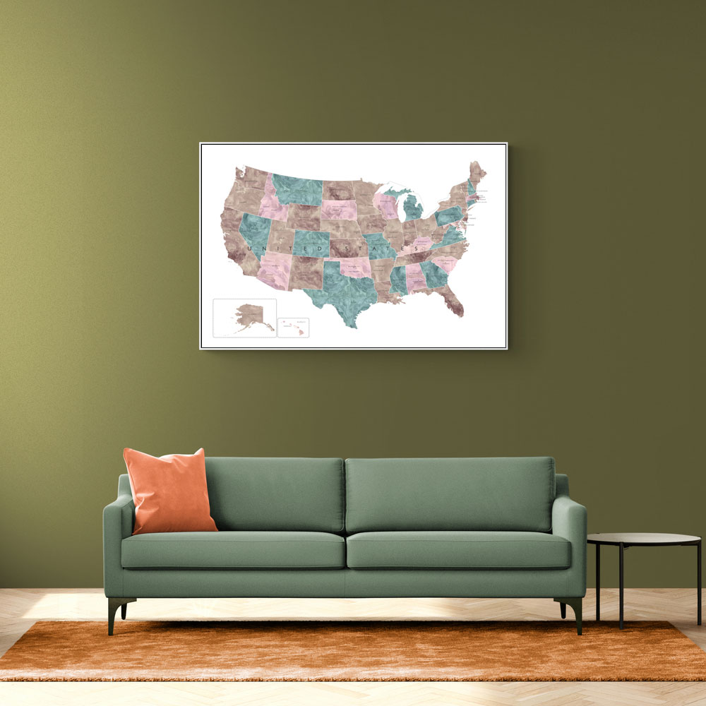 Pink and teal watercolor map of the US