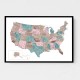 Pink and teal watercolor map of the US