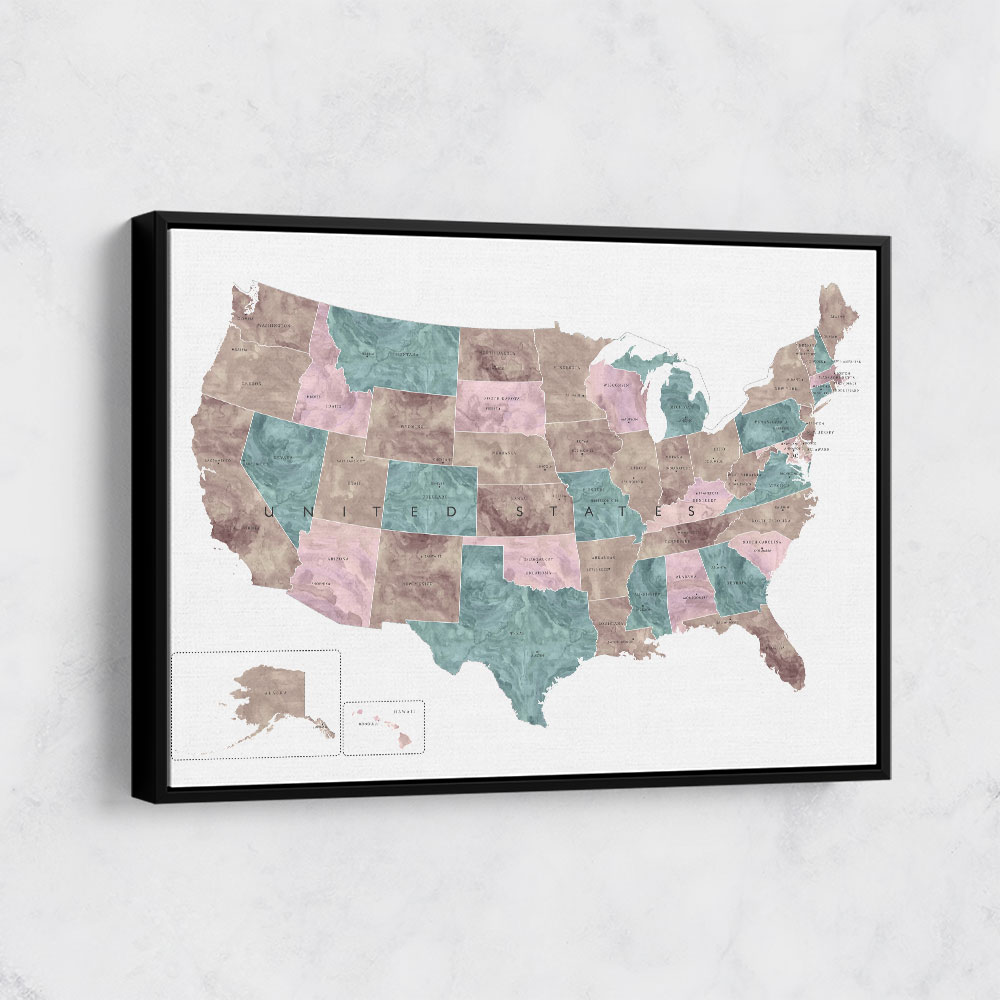 Pink and teal watercolor map of the US