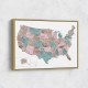 Pink and teal watercolor map of the US