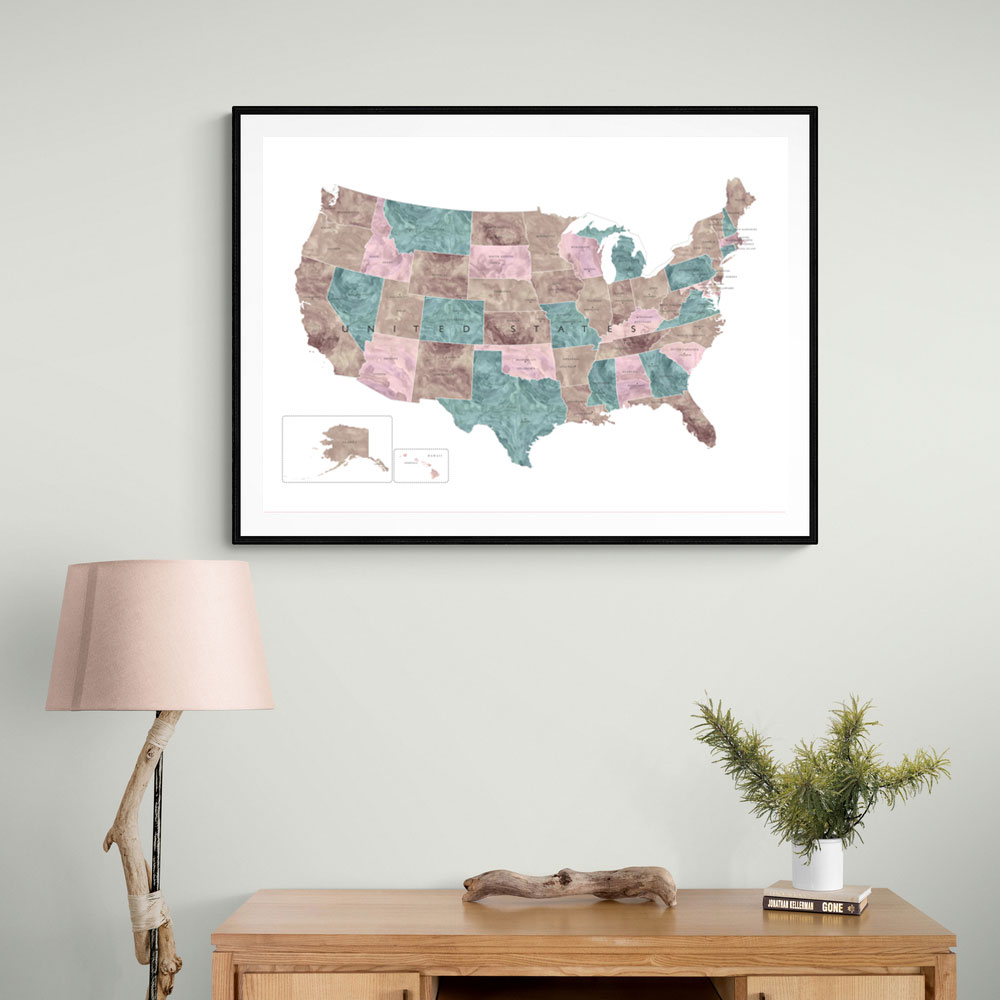 Pink and teal watercolor map of the US