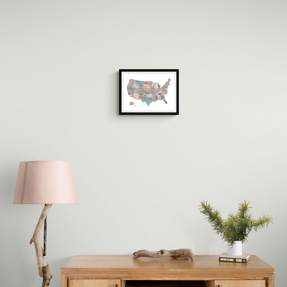 Pink and teal watercolor map of the US