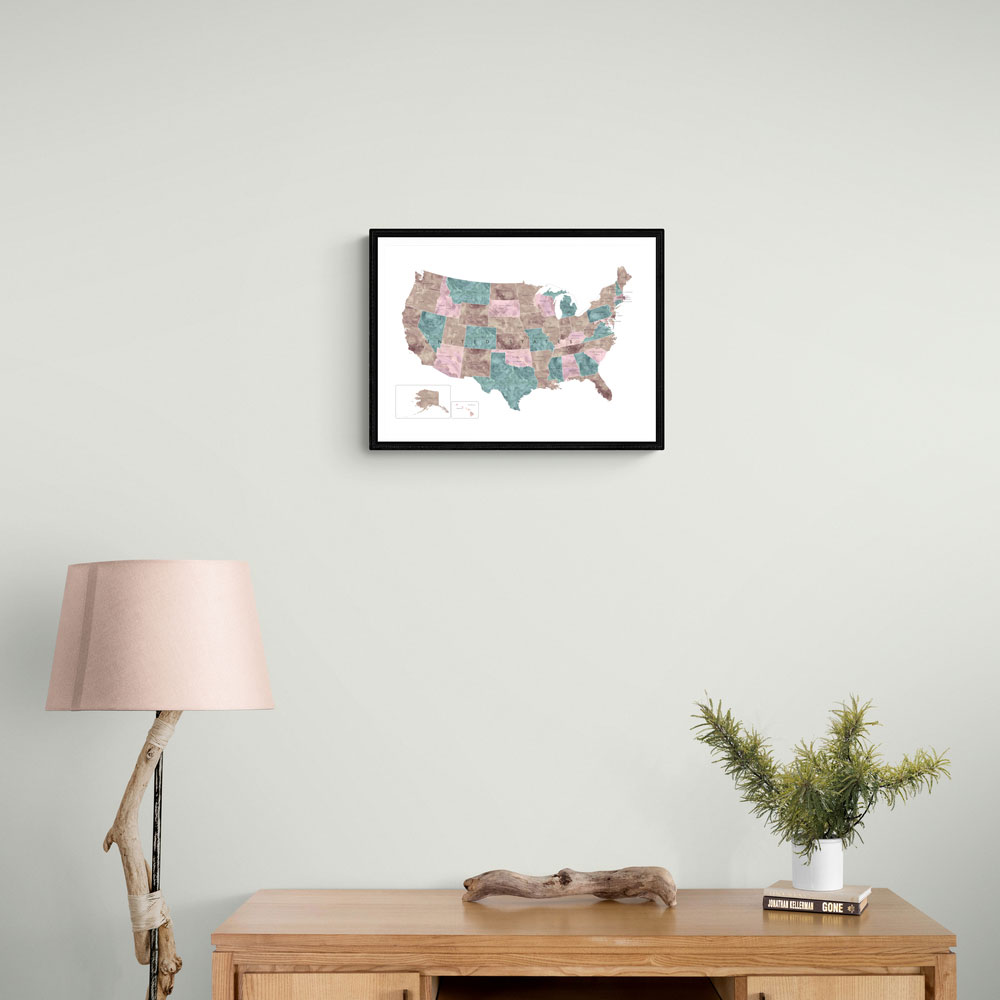 Pink and teal watercolor map of the US