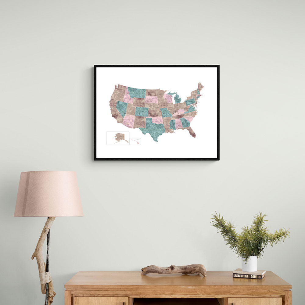 Pink and teal watercolor map of the US