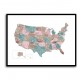 Pink and teal watercolor map of the US