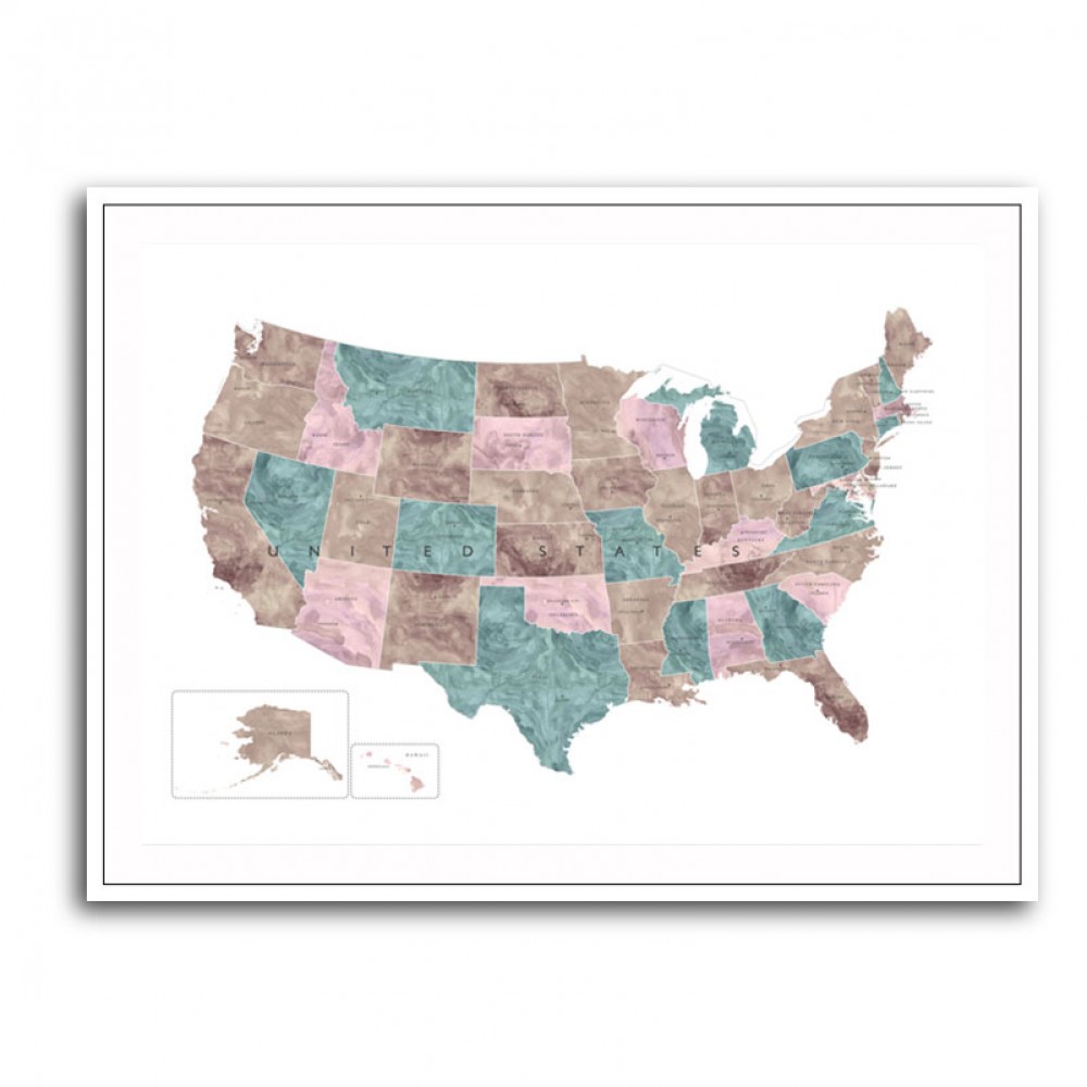 Pink and teal watercolor map of the US