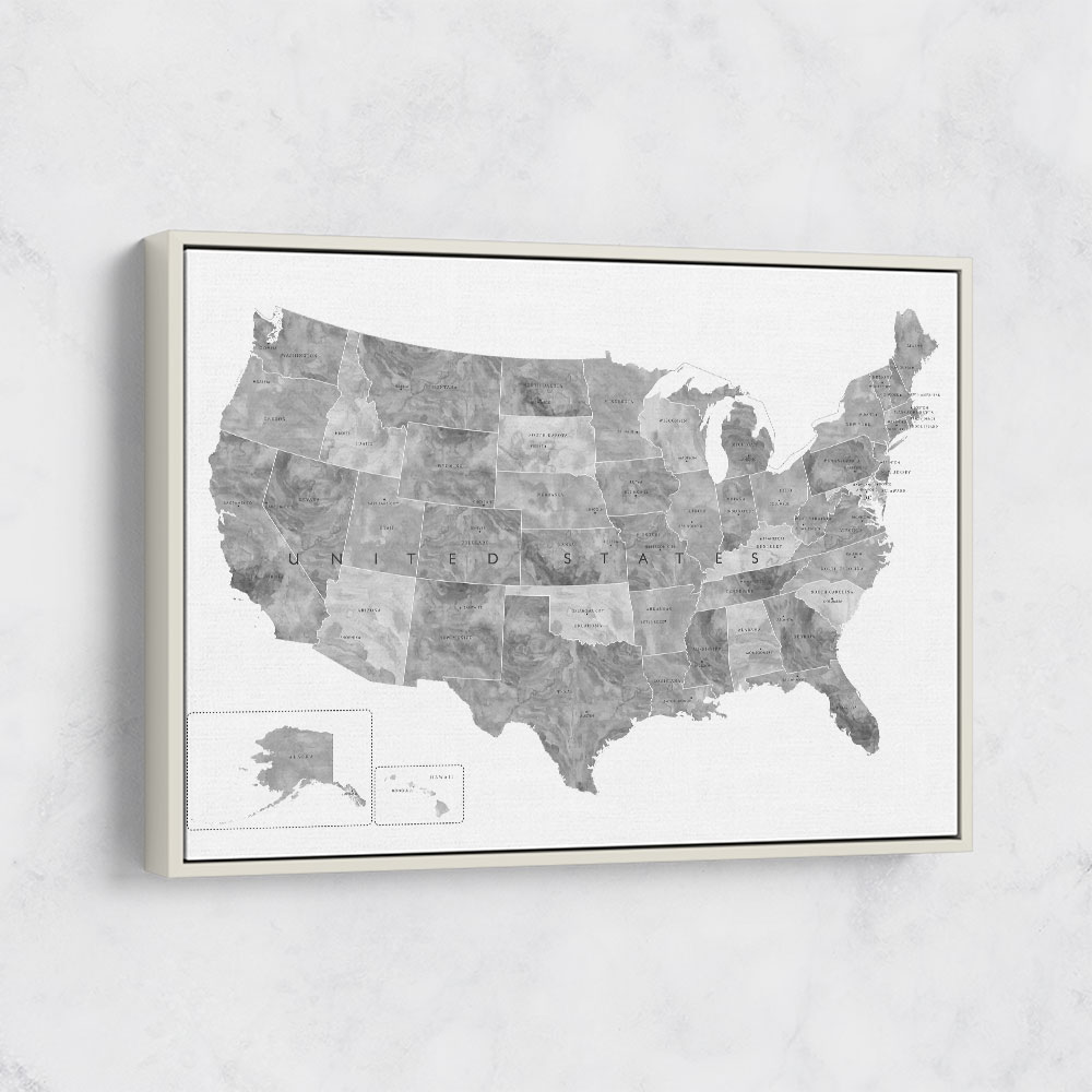 Gray watercolor map of the US