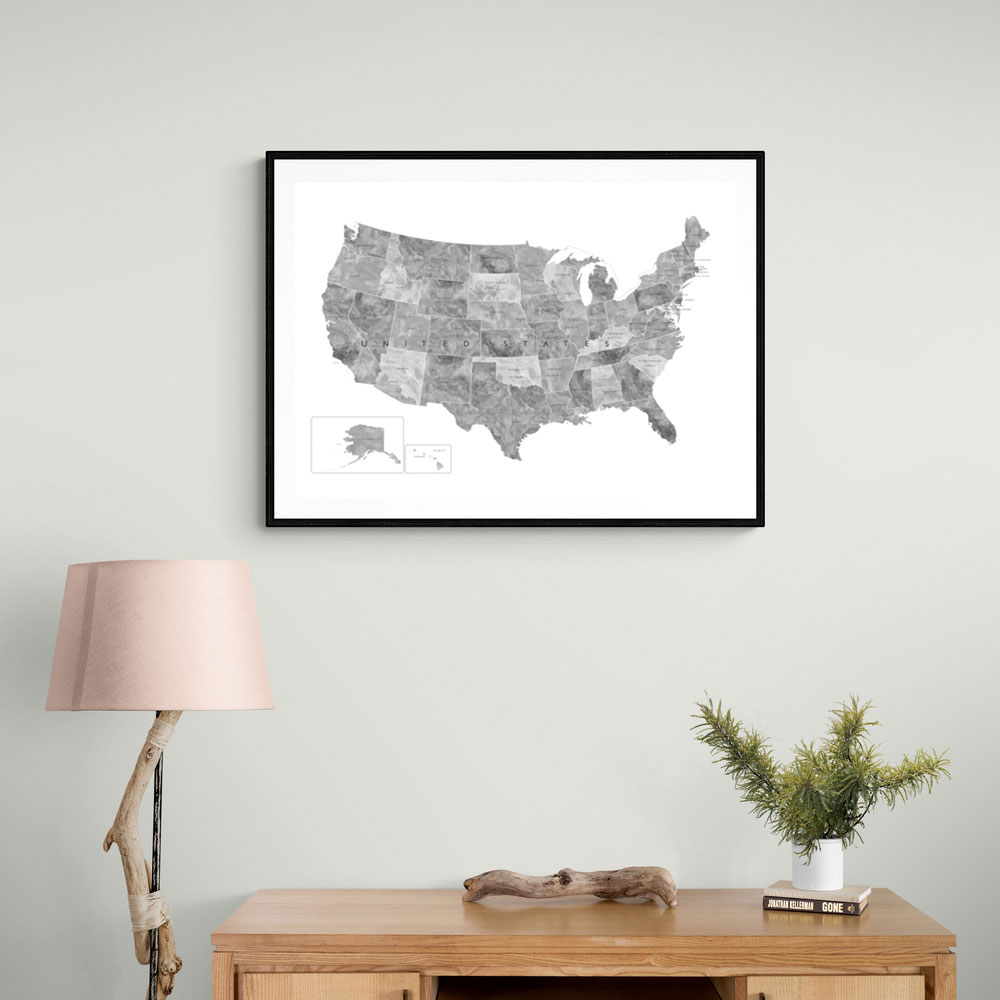 Gray watercolor map of the US