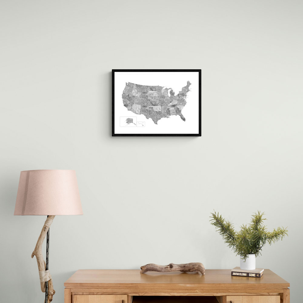 Gray watercolor map of the US