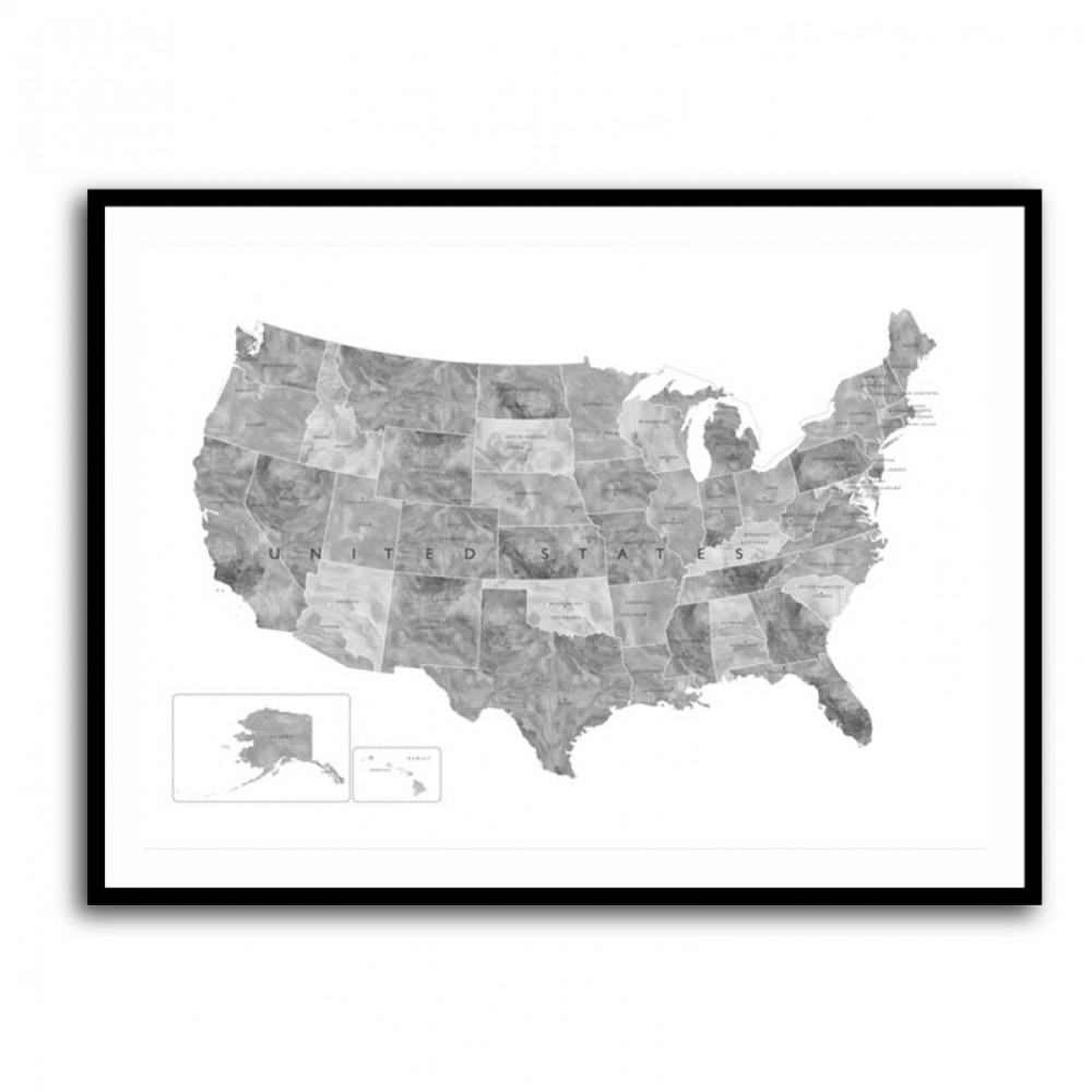 Gray watercolor map of the US