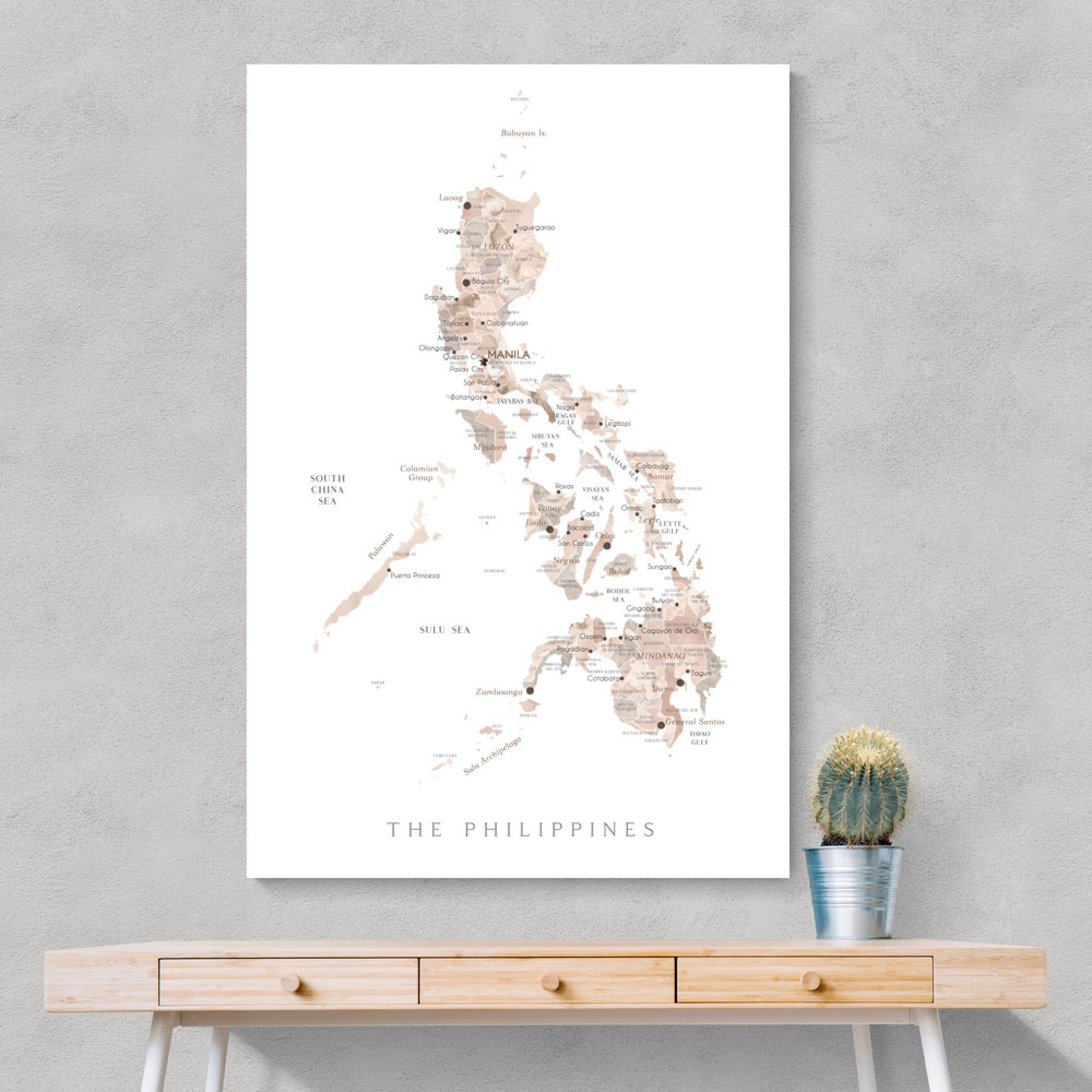 Taupe watercolor map of Philippines Wall Art