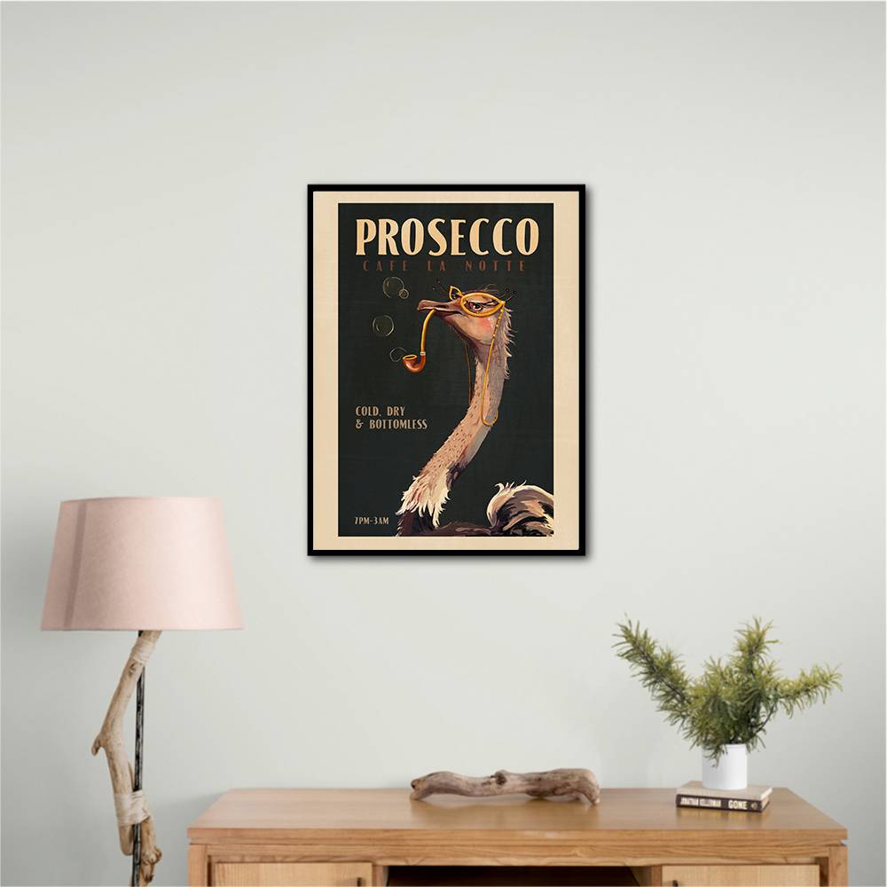 Cute Art Deco Prosecco Poster Of An Ostrich Wall Art