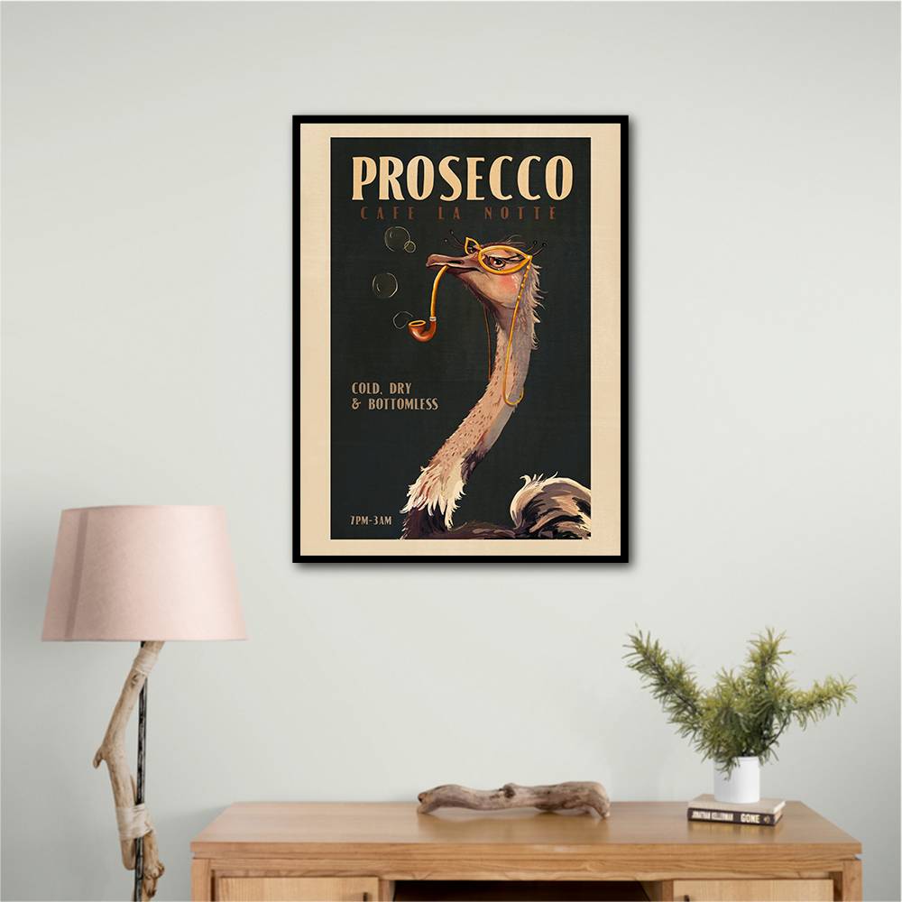 Cute Art Deco Prosecco Poster Of An Ostrich Wall Art